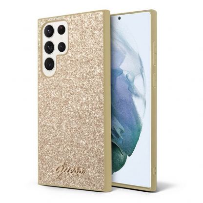 Guess Glitter Flakes Metal Logo Case - хибриден удароустойчив кейс за Samsung Galaxy S23 Ultra (златист)