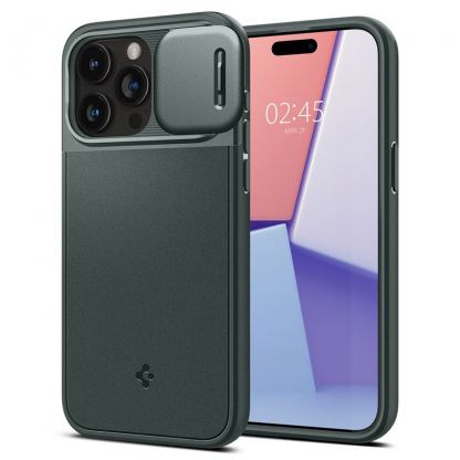 Spigen Optik Armor MagFit MagSafe Case - тънък качествен силиконов (TPU) калъф с капак за камерата с MagSafe за iPhone 15 Pro Max (зелен)