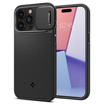 Spigen Optik Armor MagFit MagSafe Case - тънък качествен силиконов (TPU) калъф с капак за камерата с MagSafe за iPhone 15 Pro (черен)
