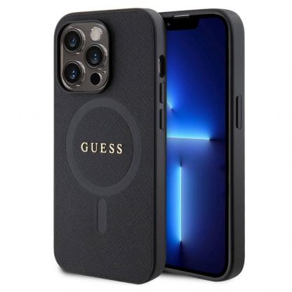 Guess PU Saffiano MagSafe Case - дизайнерски кожен кейс с Magsafe за iPhone 15 Pro Max (черен)