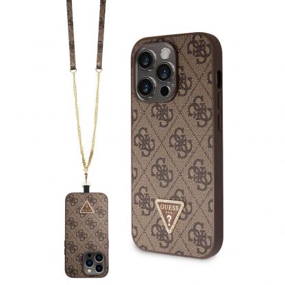 Guess PU 4G Strass Triangle Metal Logo Case With Crossbody Strap - силиконов (TPU) калъф с връзка за носене през врата за iPhone 15 Pro Max (кафяв)
