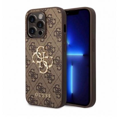 Guess PU 4G Metal Logo Leather Hard Case - дизайнерски кожен кейс за iPhone 15 Pro (кафяв)
