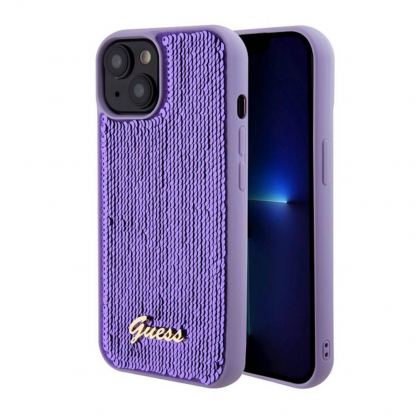 Guess Sequin Script Logo Case - дизайнерски силиконов кейс за iPhone 15 (лилав)