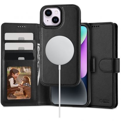 Tech-Protect Wallet Leather MagSafe Flip Case - кожен калъф, тип портфейл с отделящ се кейс с MagSafe за iPhone 15 Plus (черен)