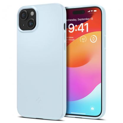 Spigen Thin Fit Case - качествен тънък матиран кейс за iPhone 15 (светлосин)