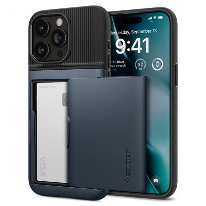Spigen Slim Armor CS Case - хибриден кейс с отделение за кр. карти и най-висока степен на защита за iPhone 15 Pro (тъмносин)