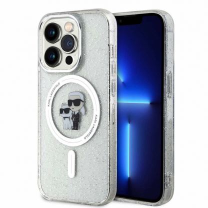 Karl Lagerfeld IML Glitter Karl and Choupette MagSafe Case - дизайнерски силиконов кейс с MagSafe за iPhone 15 Pro Max (прозрачен)