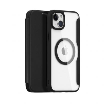 Dux Ducis Skin X Pro Magnetic Wallet Case - удароустойчив хибриден кожен кейс с отделение за карти и MagSafe за iPhone 15 (черен-прозрачен)