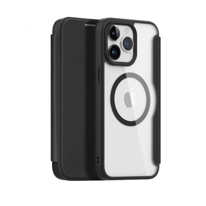 Dux Ducis Skin X Pro Magnetic Wallet Case - удароустойчив хибриден кожен кейс с отделение за карти и MagSafe за iPhone 15 Pro (черен-прозрачен)