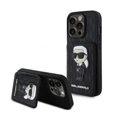 Karl Lagerfeld PU Saffiano Monogram Ikonik Card Slot Stand Case - дизайнерски кожен кейс с отделение за карти за iPhone 15 Pro Max (черен)