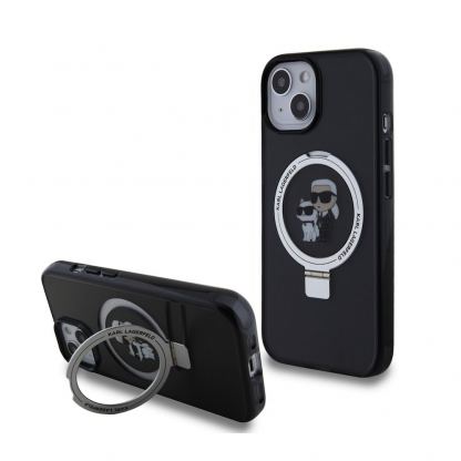 Karl Lagerfeld Ringstand Karl and Choupette MagSafe Case - хибриден удароустойчив кейс с MagSafe за iPhone 15 (черен-прозрачен)