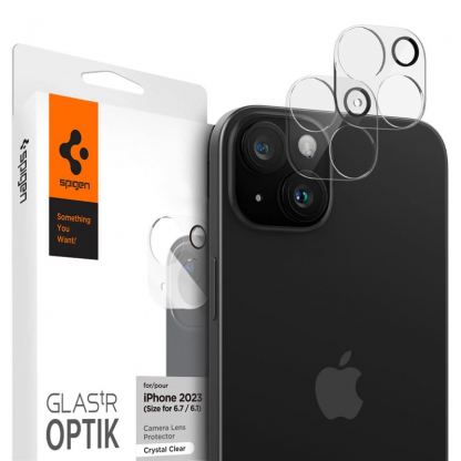 Spigen Optik Lens Protector 2 Pack - комплект 2 броя предпазни стъклени протектора за камерата на iPhone 15, iPhone 15 Plus, iPhone 14, iPhone 14 Plus (прозрачен)