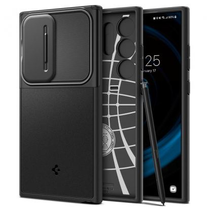 Spigen Optik Armor Case - тънък качествен силиконов (TPU) калъф с капак за камерата за Samsung Galaxy S24 Ultra (черен)
