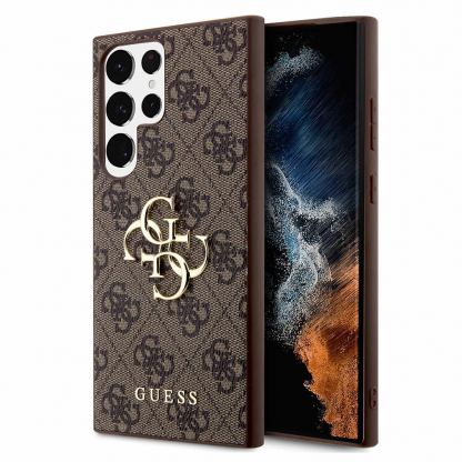 Guess PU 4G Metal Logo Leather Hard Case - дизайнерски кожен кейс за Samsung Galaxy S24 Ultra (кафяв)