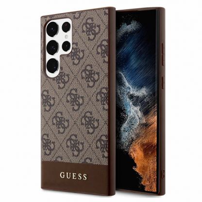 Guess PU 4G Stripe Leather Hard Case - дизайнерски кожен кейс за Samsung Galaxy S24 Ultra (кафяв)