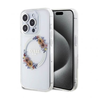 Guess Flowers Ring Glossy Logo MagSafe Case - хибриден удароустойчив кейс с MagSafe за iPhone 15 Pro (прозрачен)