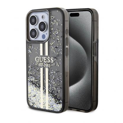 Guess Liquid Glitter Gold Stripe Case - дизайнерски кейс с висока защита за iPhone 15 Pro (черен)