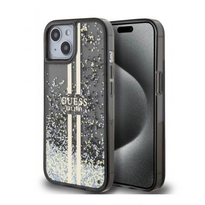 Guess Liquid Glitter Gold Stripe Case - дизайнерски кейс с висока защита за iPhone 15 (черен)