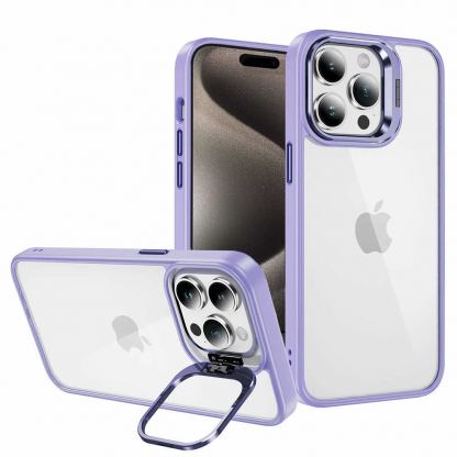 Tel Protect Kickstand Case and Camera Glass Lens - хибриден кейс с поставка и стъклени лещи за камерата за iPhone 15 Pro Max (лилав)