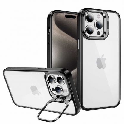 Tel Protect Kickstand Case and Camera Glass Lens - хибриден кейс с поставка и стъклени лещи за камерата за iPhone 15 Pro Max (черен) 