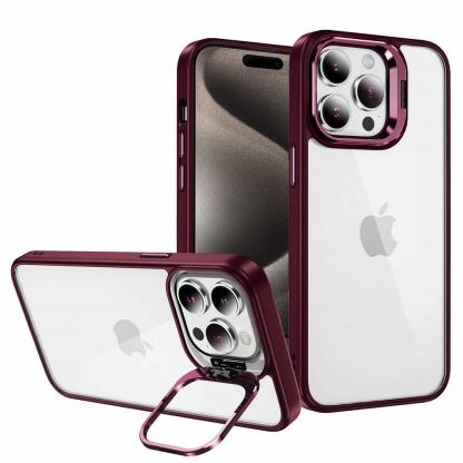 Tel Protect Kickstand Case and Camera Glass Lens - хибриден кейс с поставка и стъклени лещи за камерата за iPhone 15 Pro (червен) 