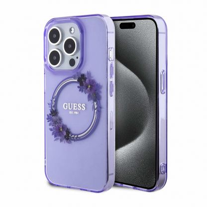 Guess Flowers Ring Glossy Logo MagSafe Case - хибриден удароустойчив кейс с MagSafe за iPhone 15 Pro (лилав-прозрачен)