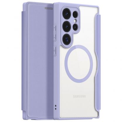 Dux Ducis Skin X Pro Magnetic Wallet Case - удароустойчив хибриден кожен кейс с отделение за карти и MagSafe за Samsung Galaxy S24 Ultra (лилав-прозрачен)