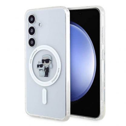 Karl Lagerfeld IML Glitter Karl and Choupette MagSafe Case - дизайнерски силиконов кейс с MagSafe за Samsung Galaxy S24 (прозрачен)