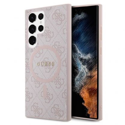 Guess PU 4G Colored Ring MagSafe Leather Hard Case - дизайнерски кожен кейс с MagSafe за Samsung Galaxy S24 Ultra (розов)