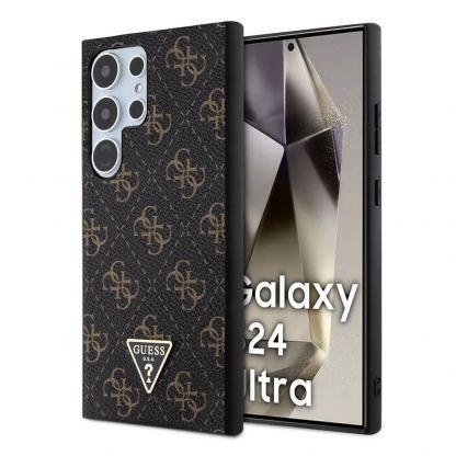 Guess PU 4G Triangle Metal Logo Case - дизайнерски кожен кейс за Samsung Galaxy S24 Ultra (черен)