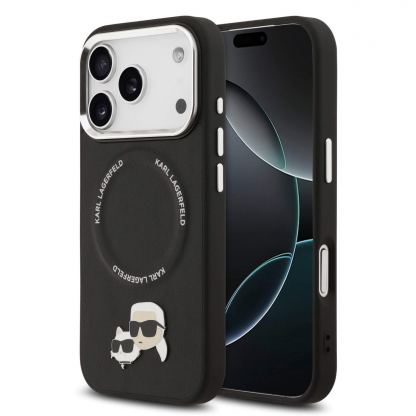Дизайнерски кожен кейс с MagSafe за iPhone 17 Pro Max - Karl Lagerfeld PU Karl and Choupette Heads Pins MagSafe Case (черен)
