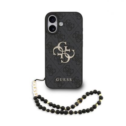 Дизайнерски кожен кейс с връзка за китката за iPhone 17 - Guess PU 4G Metal Logo Strap Case (черен)