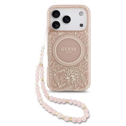 Хибриден удароустойчив кейс с MagSafe и връзка за ръка за iPhone 17 Pro - Guess IML Flowers Allover Strap MagSafe Case (розов)