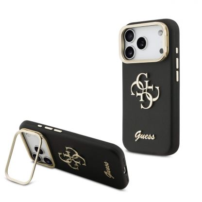 Дизайнерски кожен кейс с вградена поставка за iPhone 17 Pro - Guess PU Grained 4G Logo Stand Camera Frame Case (черен)