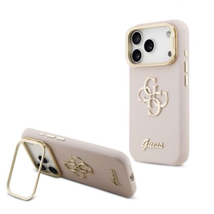 Дизайнерски кожен кейс с вградена поставка за iPhone 17 Pro - Guess PU Grained 4G Logo Stand Camera Frame Case (розов)