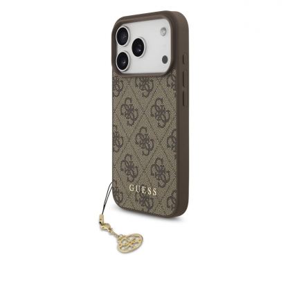 Дизайнерски кожен кейс за iPhone 17 Pro - Guess 4G Charm Case (кафяв)