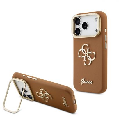 Дизайнерски кожен кейс с вградена поставка за iPhone 17 Pro - Guess PU Grained 4G Logo Stand Camera Frame Case (кафяв)