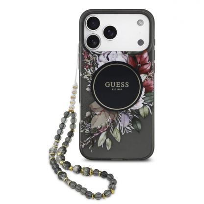 Хибриден удароустойчив кейс с MagSafe и връзка за ръка за iPhone 17 Pro Max - Guess IML Flower Pearl Strap MagSafe Case (черен)