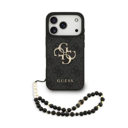 Дизайнерски кожен кейс с връзка за ръка за iPhone 17 Pro Max - Guess PU 4G Metal Logo Strap Case (черен)
