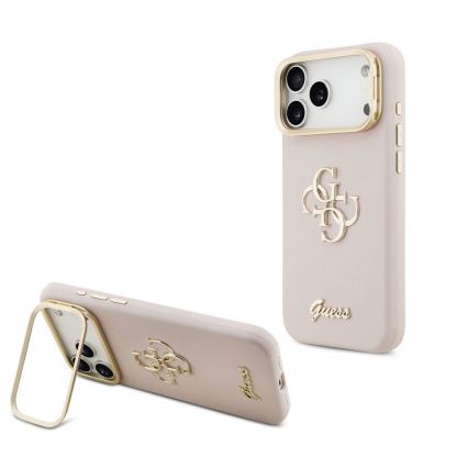 Дизайнерски кожен кейс с вградена поставка за iPhone 17 Pro Max - Guess PU Grained 4G Logo Stand Camera Frame Case (розов)
