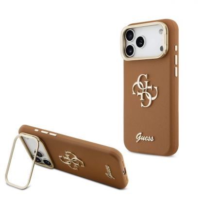 Дизайнерски кожен кейс с вградена поставка за iPhone 17 Pro Max - Guess PU Grained 4G Logo Stand Camera Frame Case (кафяв)