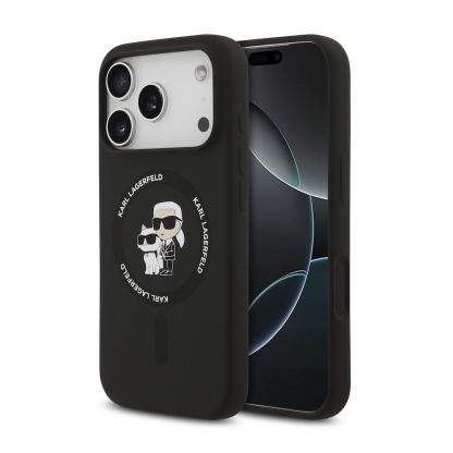 Дизайнерски силиконов кейс с MagSafe за iPhone 17 Pro - Karl Lagerfeld Liquid Silicone Karl and Choupette Heads MagSafe Case (черен)