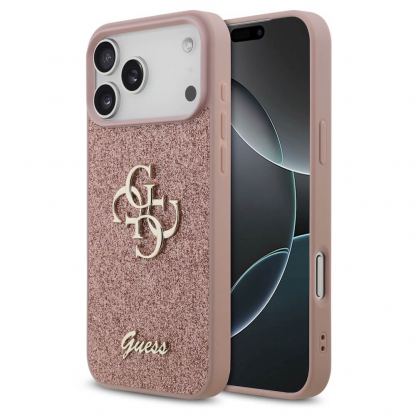 Силиконов (TPU) калъф за iPhone 17 Pro Max - Guess PU Fixed Glitter 4G Metal Logo Case (розов)