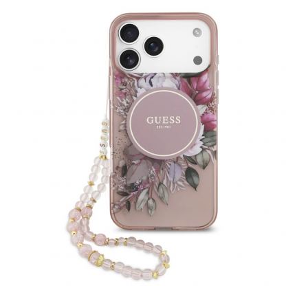 Хибриден удароустойчив кейс с MagSafe и връзка за ръка за iPhone 17 Pro Max - Guess IML Flowers Pearl MagSafe Case (розов)