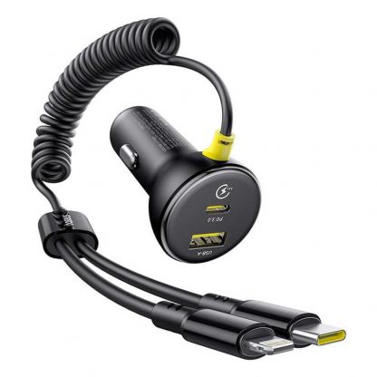 Зарядно за кола с вграден Lightning и USB-C кабели и USB-A и USB-C изходи - Baseus Circular 4 in 1 Fast Car Charger With Lightning And USB-C Cable 60W (черен)