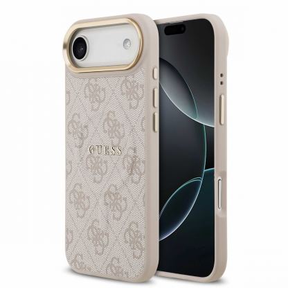 Дизайнерски кожен кейс за iPhone 17 Air - Guess PU Leather 4G Gold Frame MagSafe Case (розов)