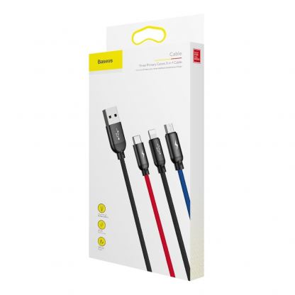 Универсален USB кабел с Lightning, microUSB и USB-C конектори (120 см) - Baseus Three Primary Colors 3-in-1 USB Cable (CAMLT-BSY01) (черен)
