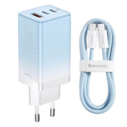 Захранване за ел. мрежа за лаптопи, смартфони и таблети с USB-A и 2xUSB-C изходи с технология за бързо зареждане и USB-C към USB-C кабел - Baseus GaN 3 Pro Fast Laptop Charger 65W (CCGP050103) (син)