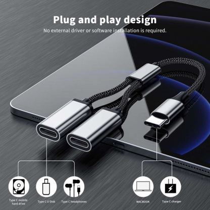 Кабел USB-C мъжко към 2xUSB-C женско за устройства с USB-C порт (20 см) - 4smarts MatchCord USB-C Male to 2xUSB-C Female Adapter Cable (черен)