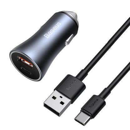 Зарядно за кола с USB-A и USB-C изходи с технология за бързо зареждане и USB-А към USB-C кабел - Baseus Golden Contactor Pro Quick Car Charger 40W (TZCCJD-0G) (тъмносив)